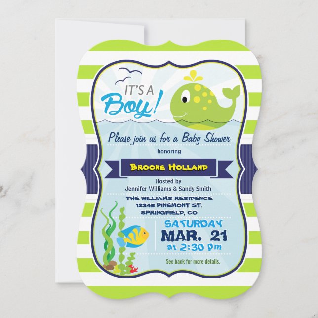 Green Baby Whale, Boy Baby Shower Einladung (Vorderseite)