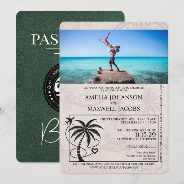 Green Bahamas Pass Einladung zur Hochzeit (Vorne/Hinten)