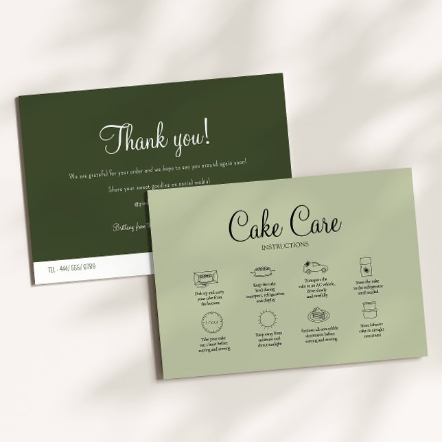 Green Bakery Cake Care Instruction Card Mitteilungskarte (Von Creator hochgeladen)