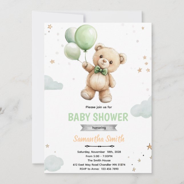 Green balloon bear baby shower invitation (Devant)