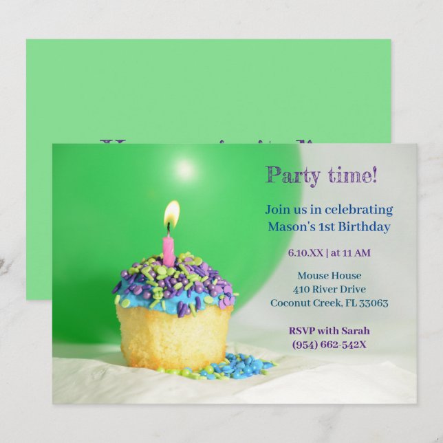 Green Balloon bleu cupcake Invitation Anniversaire (Devant / Derrière)