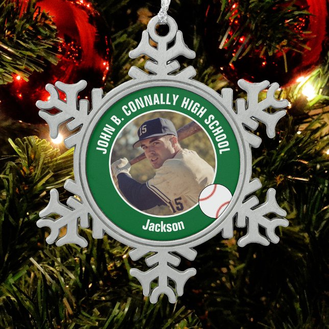 Green Baseball Player Photo High School Schneeflocken Zinn-Ornament (Von Creator hochgeladen)
