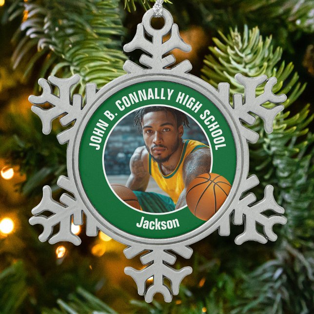 Green Basketball Player Photo Keepsake Gift Schneeflocken Zinn-Ornament (Von Creator hochgeladen)