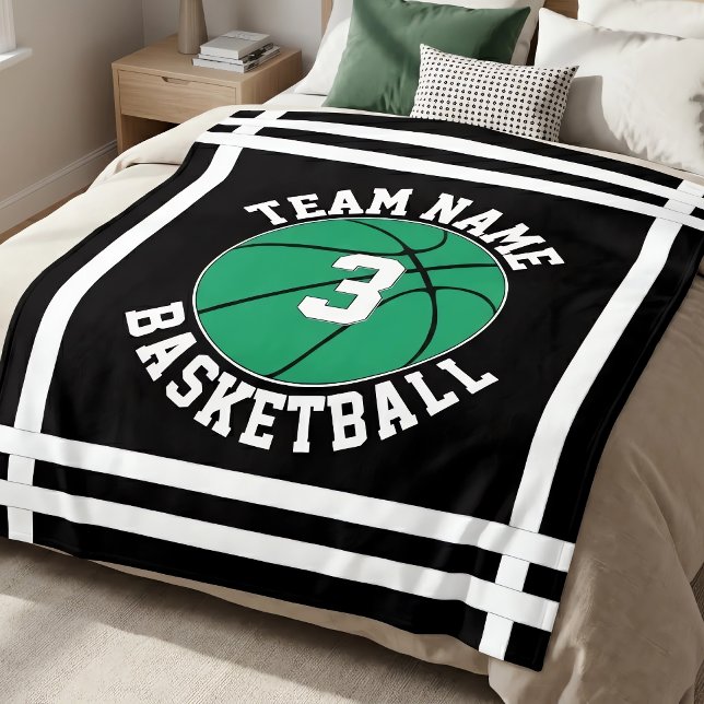 Green Basketball Team Name & Spielnummer Sport Fleecedecke (Personalized green basketball blanket on bed. Great for basketball players, teams and fans.)