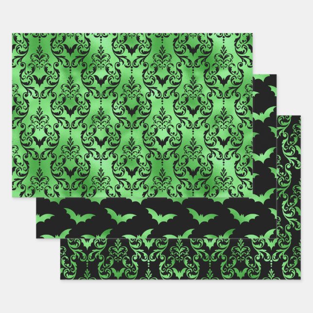 Green Bat Halloween Damask Patterns Geschenkpapier Set (Set)