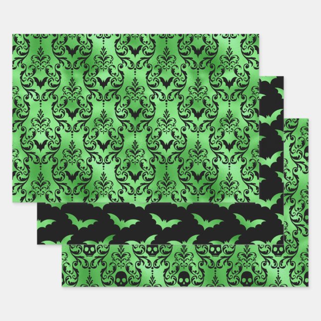 Green Bat & Skull Halloween Damask Patterns Geschenkpapier Set (Set)