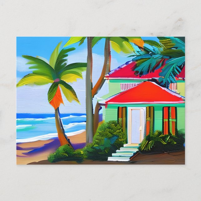 Green Beach House, Palmen und Ozean Postkarte (Vorderseite)