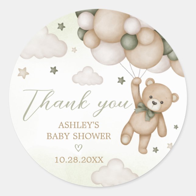 Green Bear Balloon Babydusche Runder Aufkleber (Vorderseite)