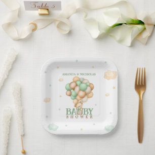 Green Bear Balloons Bow Baby Dusche Pappteller