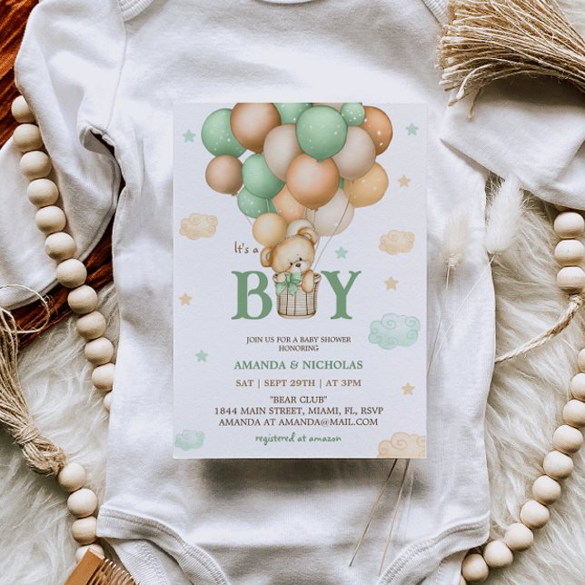 Green Bear Hot Air Ballon Baby Boy Dusche Einladung (Von Creator hochgeladen)