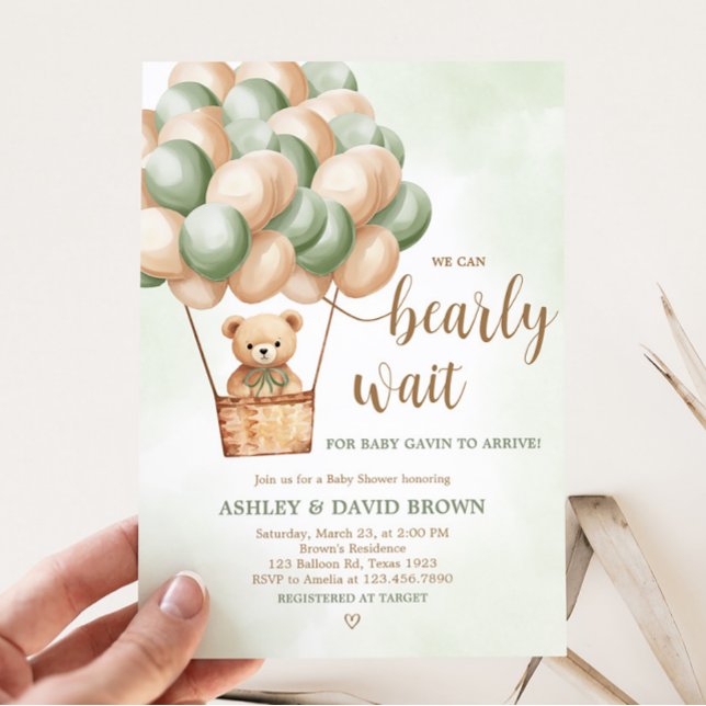 Green Bear Hot Air Ballon Babydusche Einladung (Boho Green Bear Baby Shower Invitation)