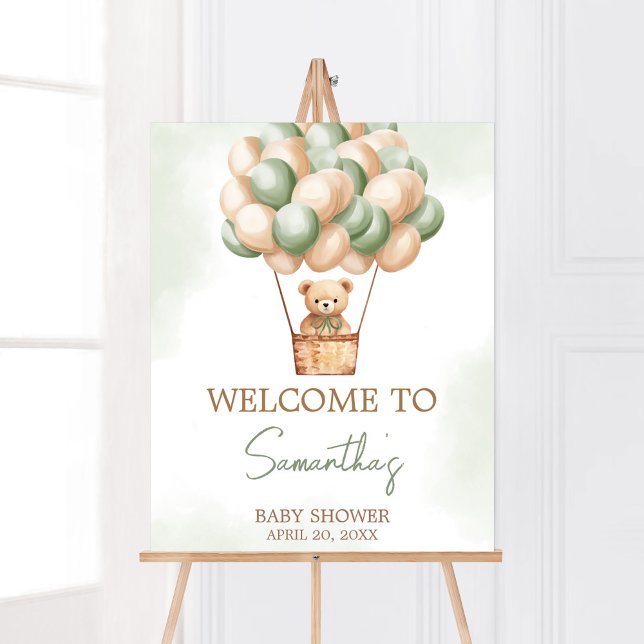Green Bear Hot Air Ballon Babydusche Willkommen Poster (Gender Neutral Baby Bear Balloons Baby Shower Welcome Sign)
