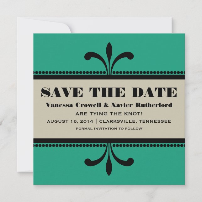 Green/Beige Extravagant Art Deco Save the Date ein (Vorderseite)