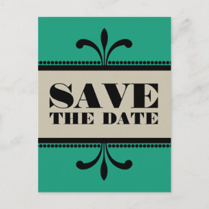 Green/Beige Extravagant Art Deco Save the Date Pos Ankündigungspostkarte