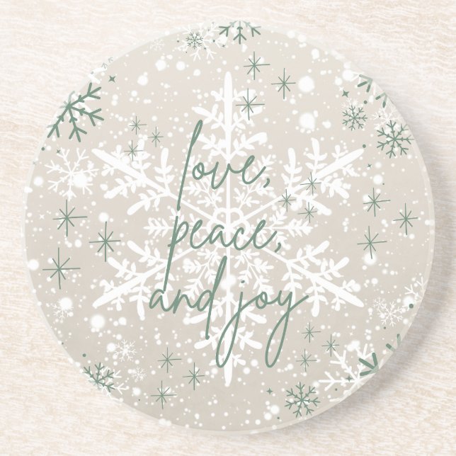 Green Beige Schneeflocken Liebe Peace Joliday Getränkeuntersetzer (Vorne)
