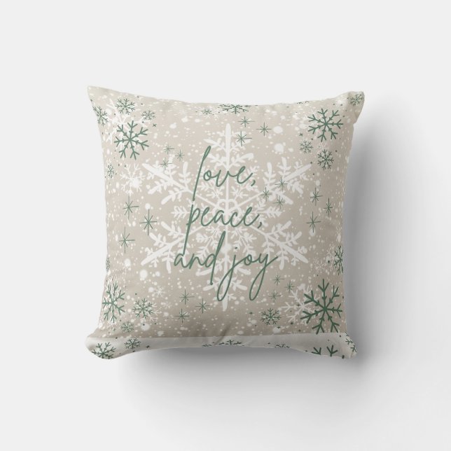Green Beige Schneeflocken Liebe Peace Joliday Kissen (Vorderseite)
