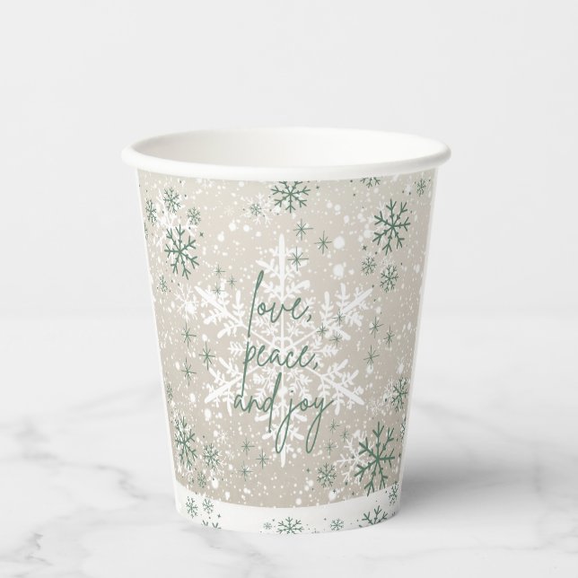 Green Beige Schneeflocken Liebe Peace Joliday Pappbecher (Vorderseite)