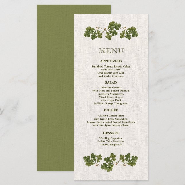 Green Beige Vintage Oak Blätter Hochzeitmenü Karte (Vorne/Hinten)