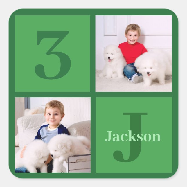 Green Birthday Foto Collage Personalisiertes Party Quadratischer Aufkleber (Vorderseite)
