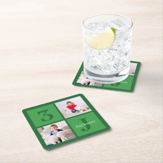 Green Birthday Foto Collage Personalisiertes Party Rechteckiger Pappuntersetzer (Vor Ort)