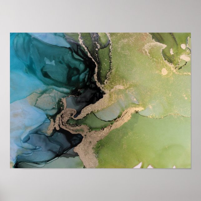 Green Black Abstrakt Alcohol Ink Poster (Vorne)