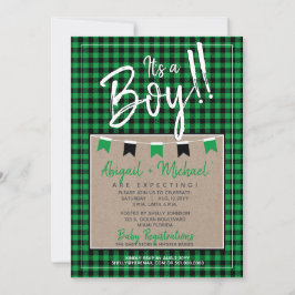 Green + Black Baby Boy Buffalo Kariert Baby Dusche Einladung