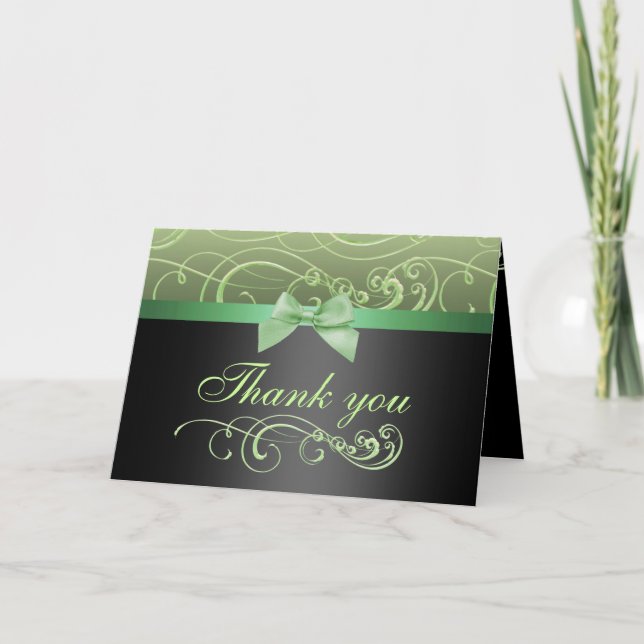 Green/Black Bow & Swirl Thank You Card Dankeskarte (Vorderseite)