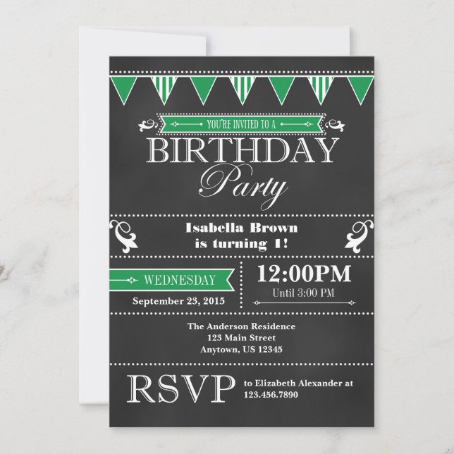 Green Black Chalkboard Invitation d'anniversaire (Devant)