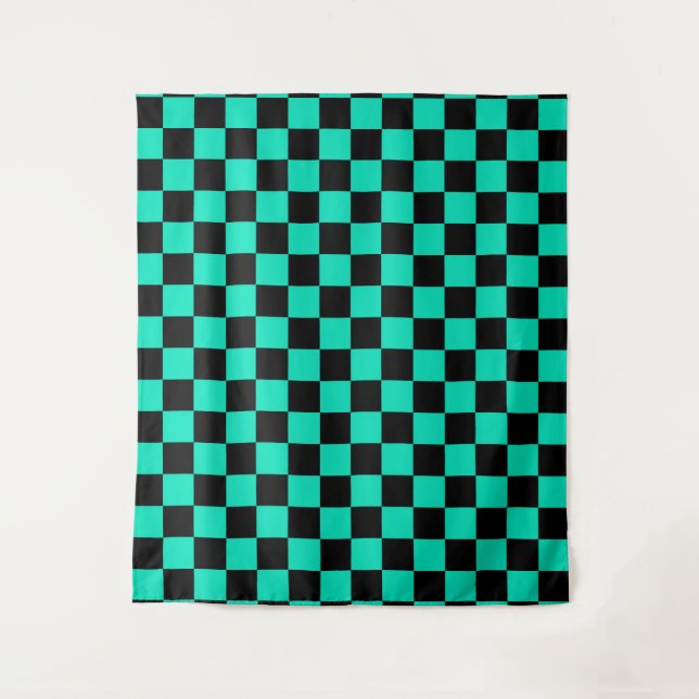 Green Black Checkered Karo Pattern Wandteppich (Vorderseite)