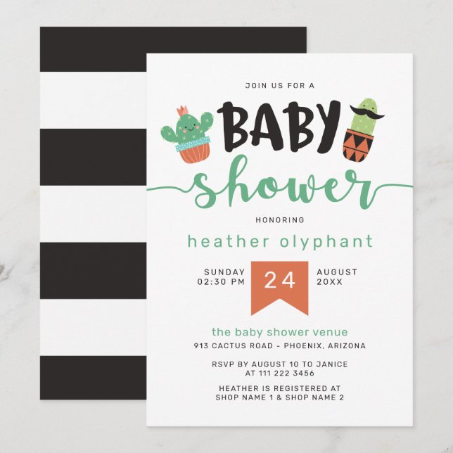Green Black Cool Cactus Baby Shower Einladung (Vorne/Hinten)