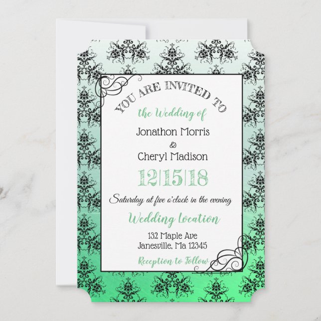 Green Black Damask Classy Wedding Einladungen (Vorderseite)