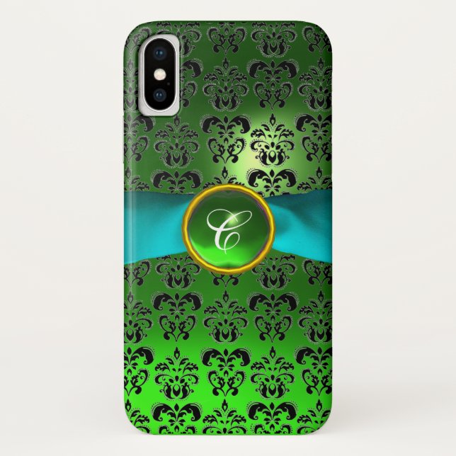 GREEN BLACK DAMASK GEM MONOGRAM Aqua Case-Mate iPhone Hülle (Rückseite)