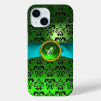 GREEN BLACK DAMASK GEM MONOGRAM Aqua