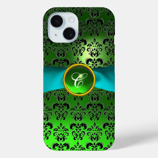 GREEN BLACK DAMASK GEM MONOGRAM Aqua iPhone 15 Hülle (Rückseite)