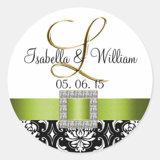 Green Black Damask Hochzeitsaufkleber | Initial L Runder Aufkleber (Vorderseite)