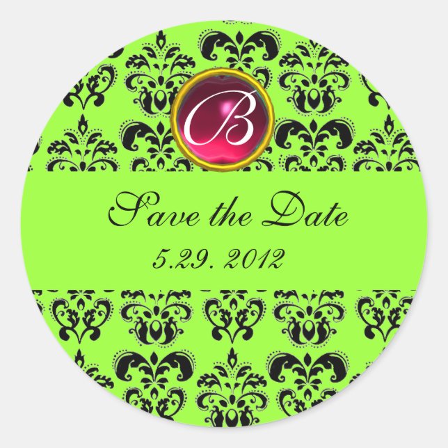 GREEN BLACK DAMASK MONOGRAM, rote Ruine Runder Aufkleber (Vorderseite)