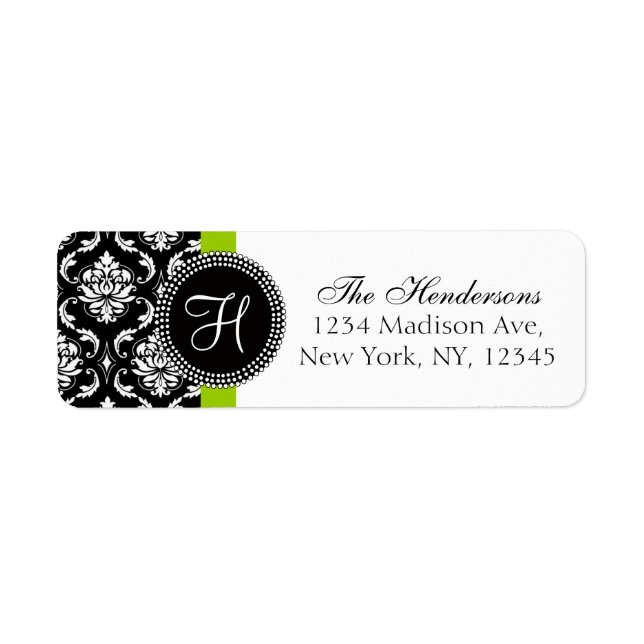 Green Black Damask Monogram Wedding Address Label (Vorne)
