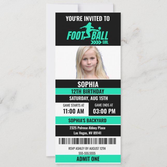 Green Black Football Ticket Geburtstag Foto Einladung (Vorderseite)