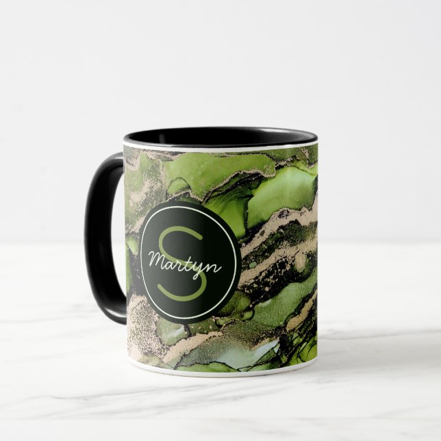Green Black Gold Abstrakt Individuelle Name Tasse (Vorderseite Links)