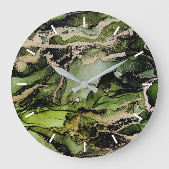 Green Black Gold Abstrakt ohne Zahlen Große Wanduhr (Vorderseite)