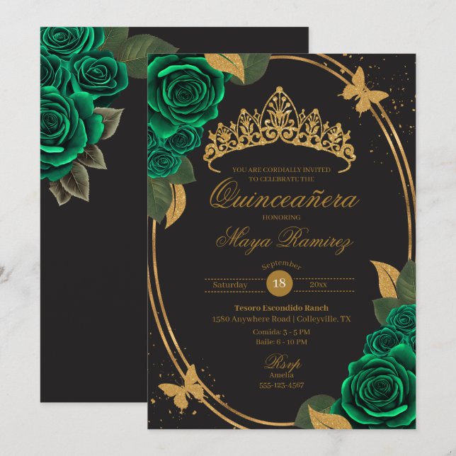 Green Black Gold Glitzern Butterfly Quinceñera Einladung (Vorne/Hinten)