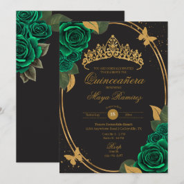 Green Black Gold Glitzern Butterfly Quinceñera Einladung