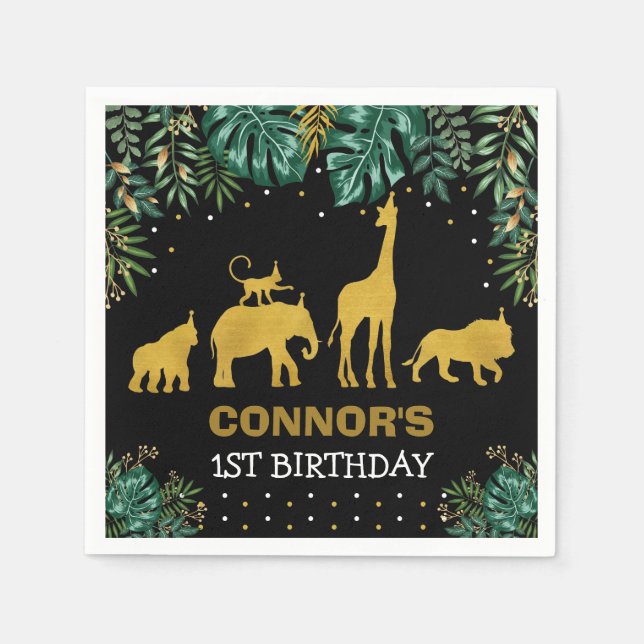 Green Black Gold Jungle Tiere Tropical Birthday Serviette (Vorderseite)