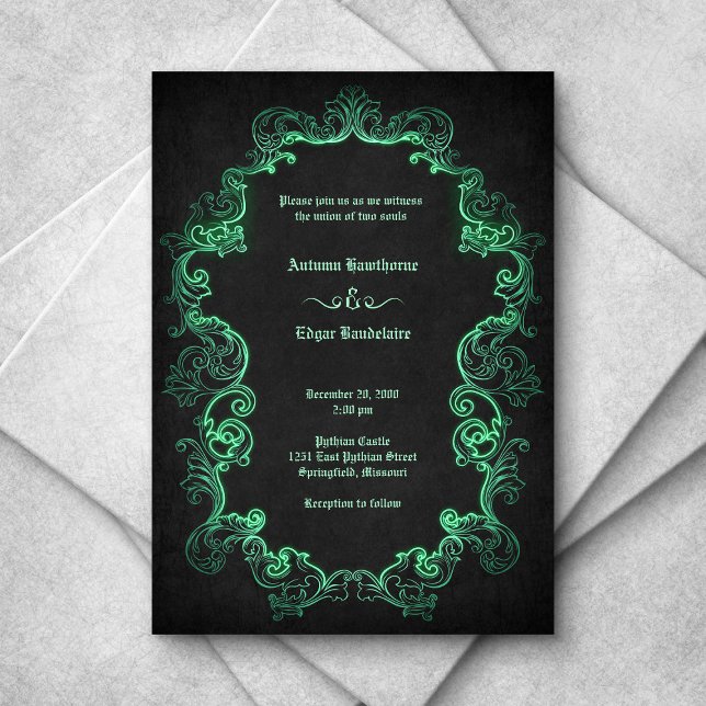 Green Black Gothic Wedding Einladung (Von Creator hochgeladen)