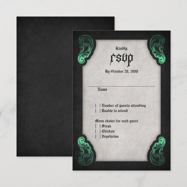 Green Black Gothic Wedding RSVP Karte (Vorne/Hinten)