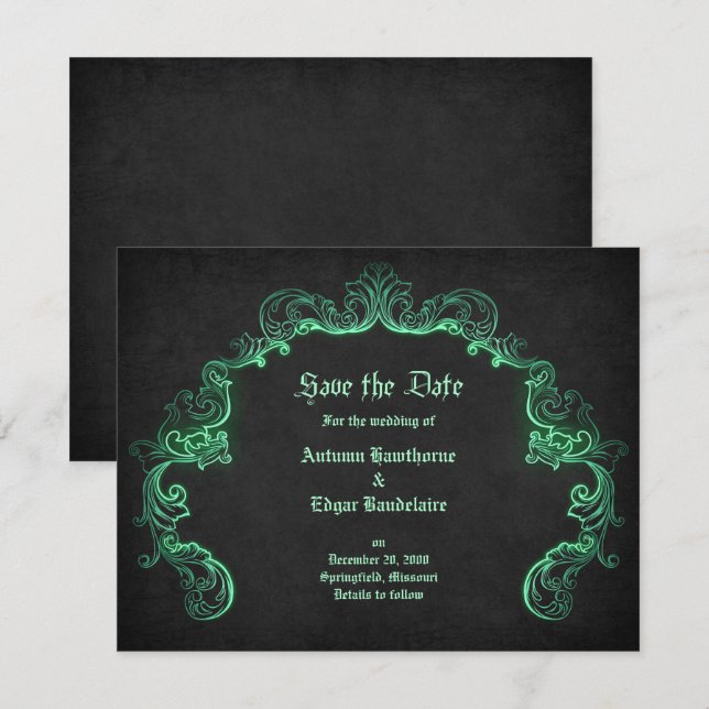 Green Black Gothic Wedding Save The Date (Vorne/Hinten)