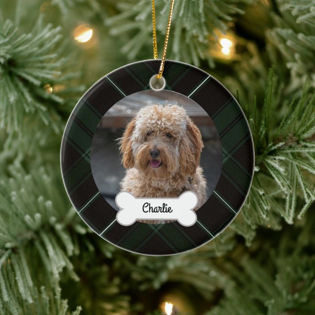 Green Black Kariert Custom Pet Puppy Dog Foto Keramik Ornament (Baum)