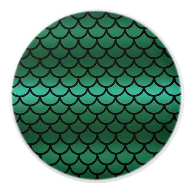Green & Black Mermaid Scales Fantasy Fish Keramikknauf (Vorderseite)