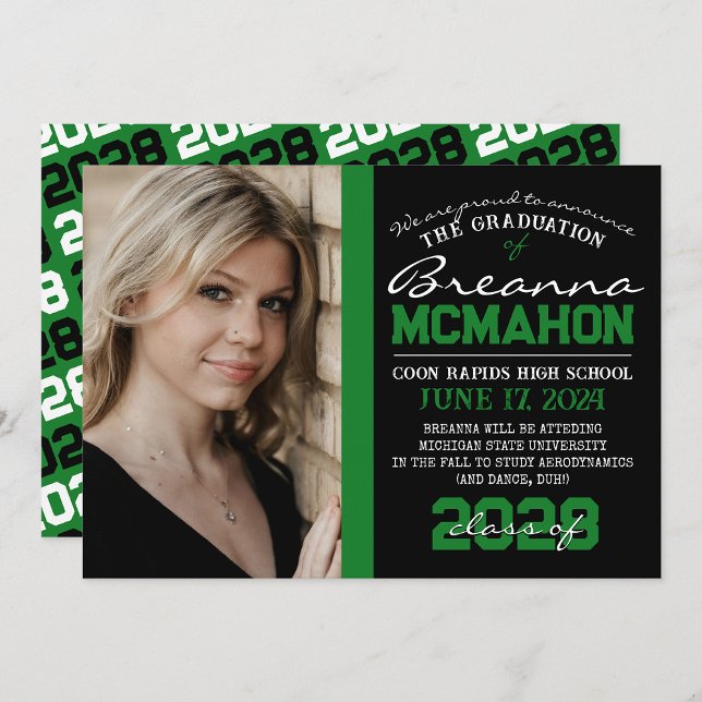 Green & Black Modern Graduation Faire-part photo ( Repeating Class Year 1 & 2 Photo Graduation Invitations & Announcements)