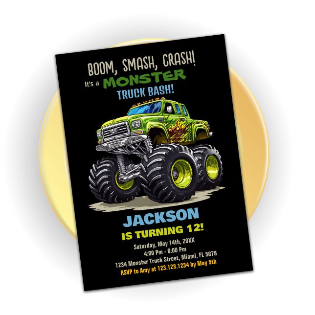 Green Black Monster Truck Birthday Einladungen (Green Black Monster Truck Birthday Invitations)